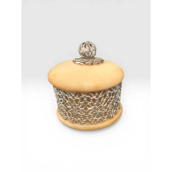 Vintage Alabaster Stone Trinket Box Silver Filigree Metal Lid Ornate Finial 3in - Picture 2 of 7